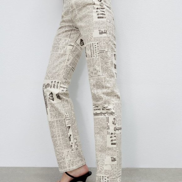 Zara Newspaper Print Straight Leg Jeans - Picture 3 of 6